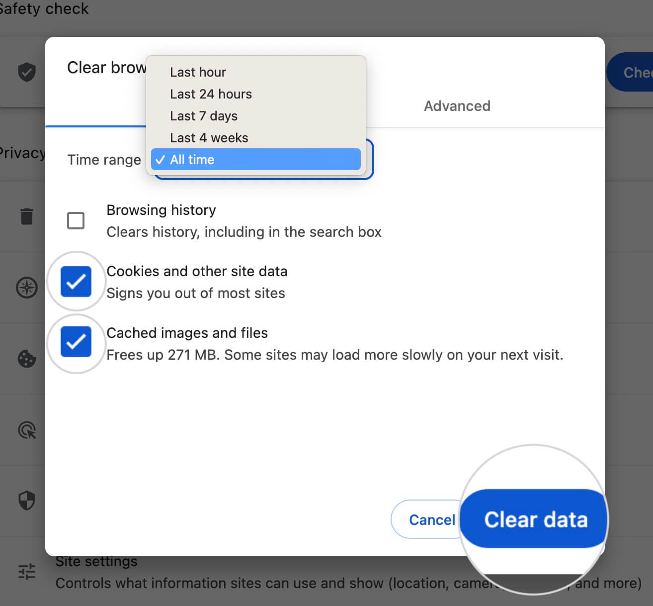 Options for Clear Browsing Data in Chrome