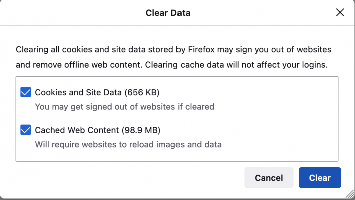 Clear cache on Firefox - Options for Clearing Site Data