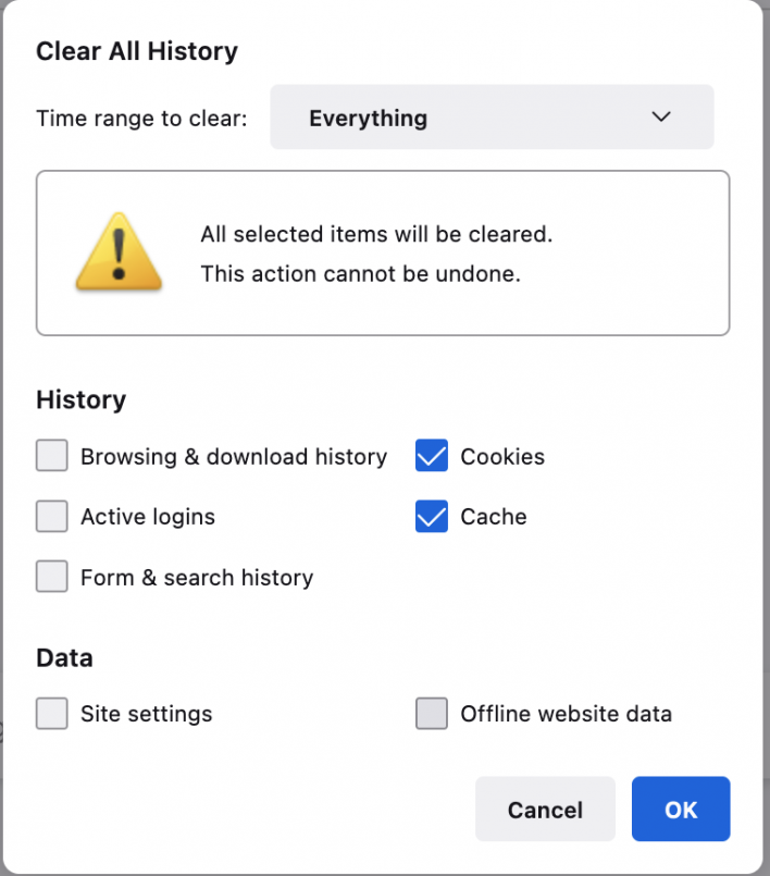 Clear cache on Firefox - Delete Everything option