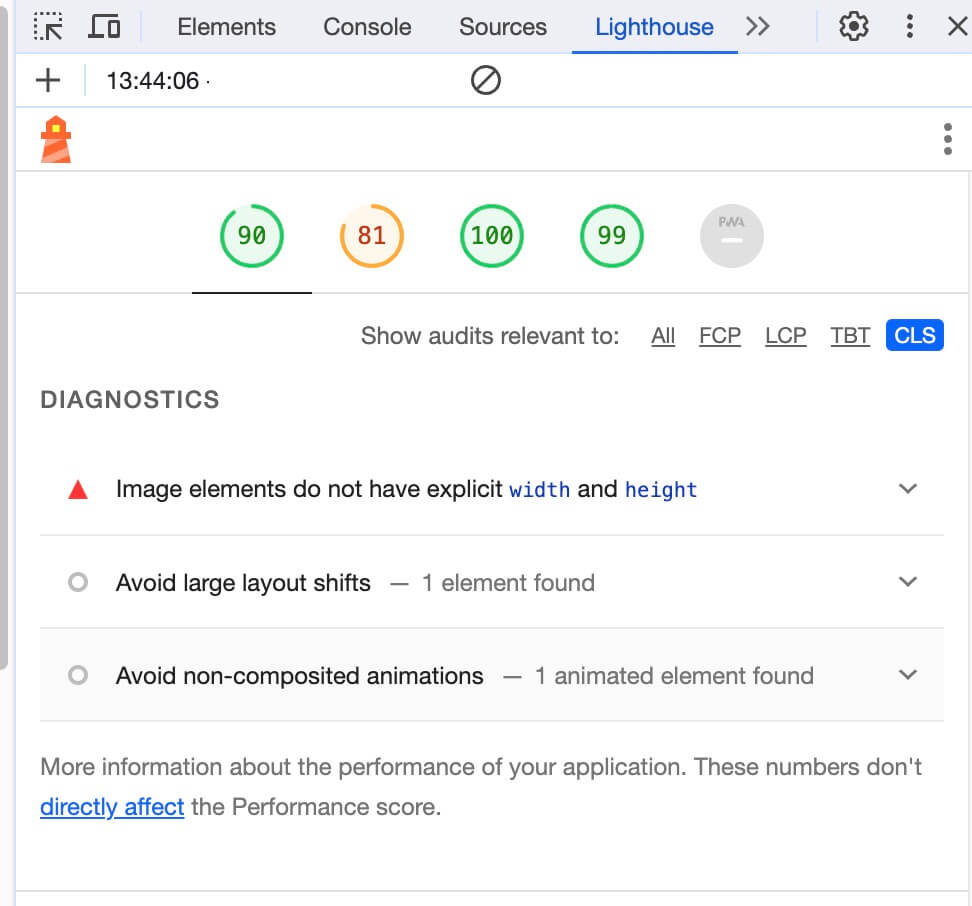 Screenshot showing a Cumulative Layout Shift test result with Google Lighthouse