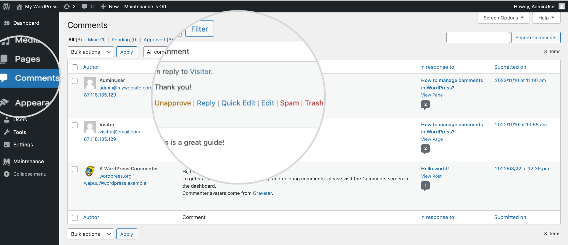 The Comments section in a WordPress dashboard