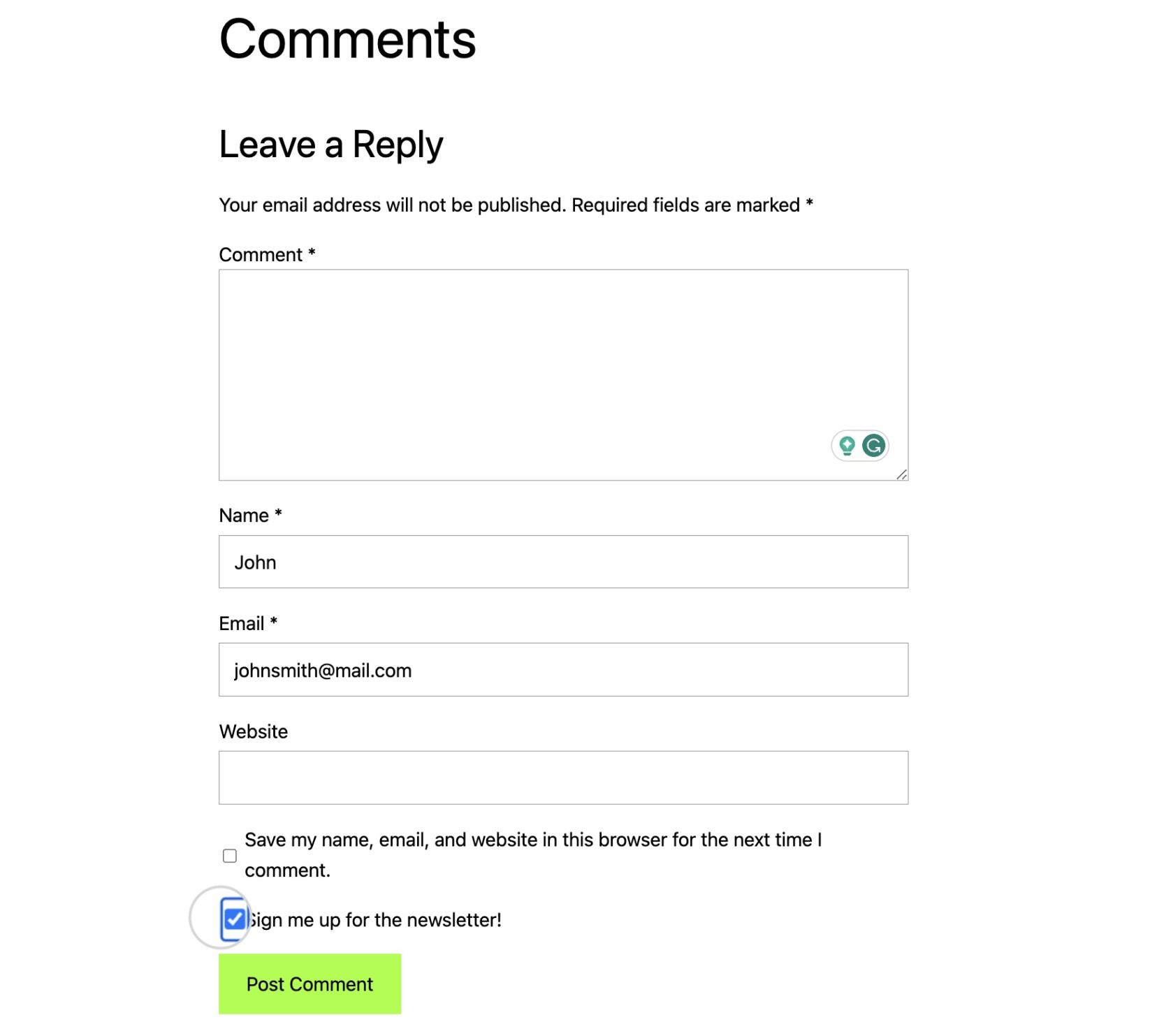 A newsletter sign-up checkbox in the WordPress comments section