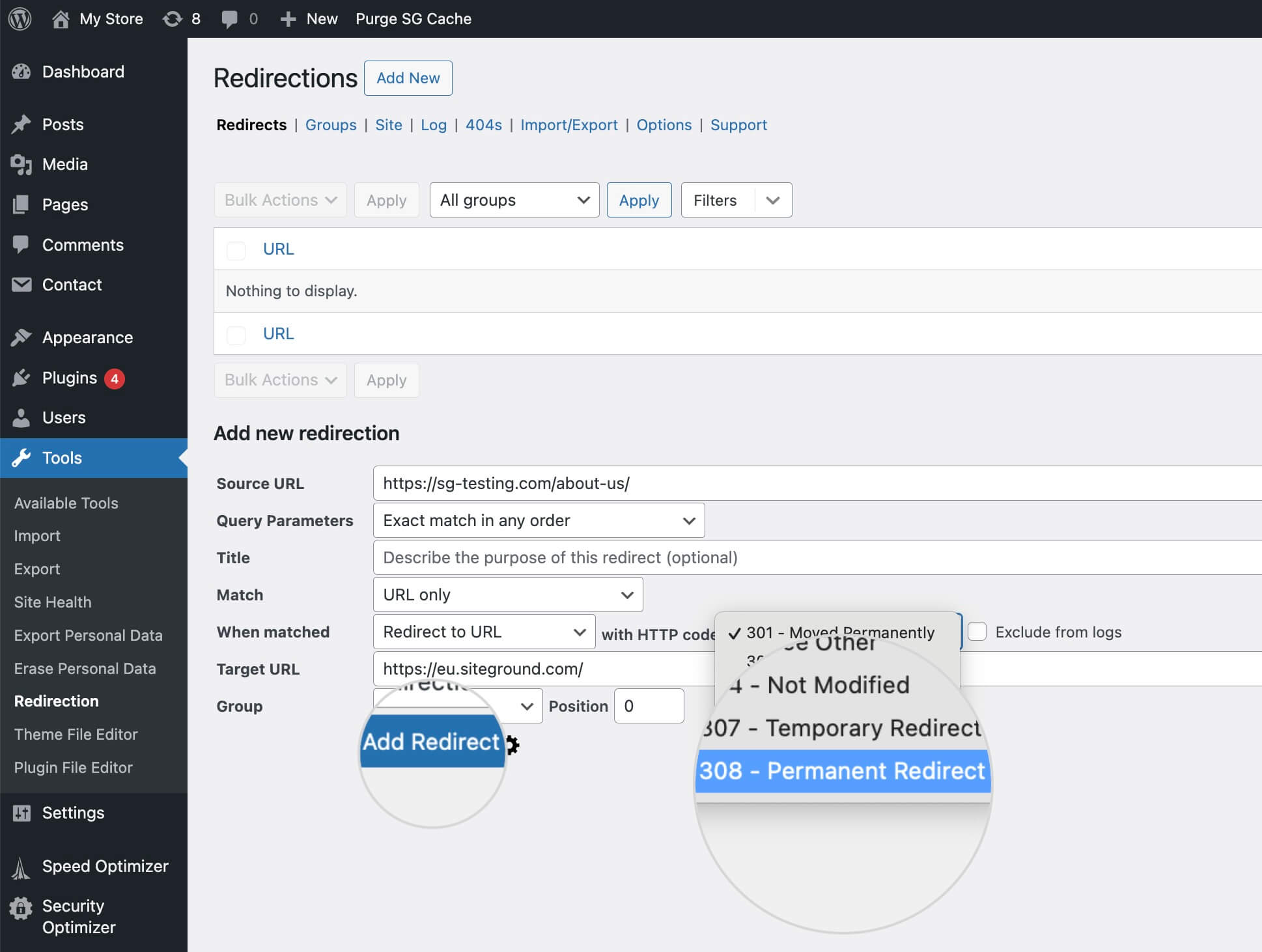 Confirming a 308 Permanent Redirect in the Redirection plugin in WordPress