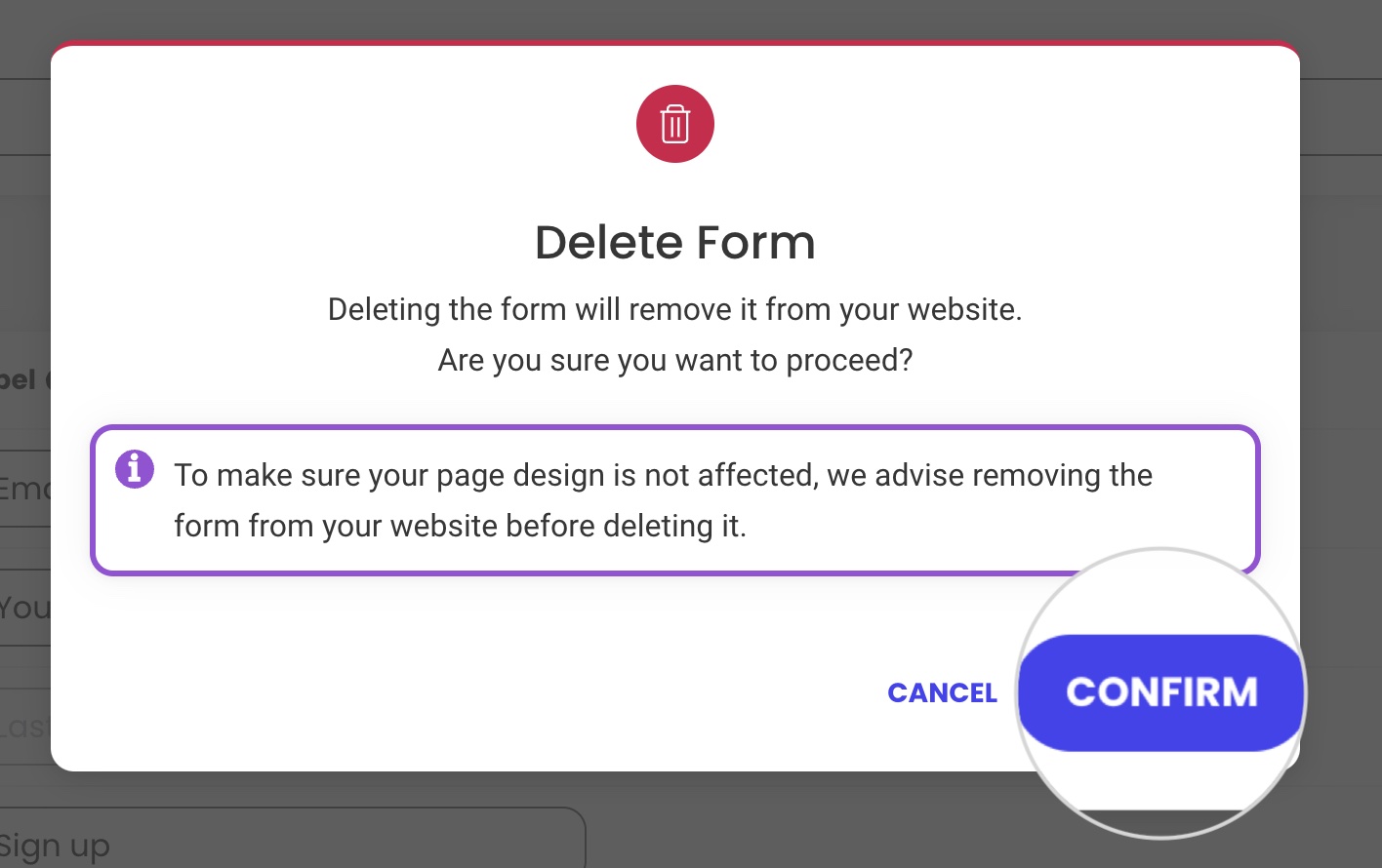 Confirmation screen for deleting a form from the Email Marketing plugin