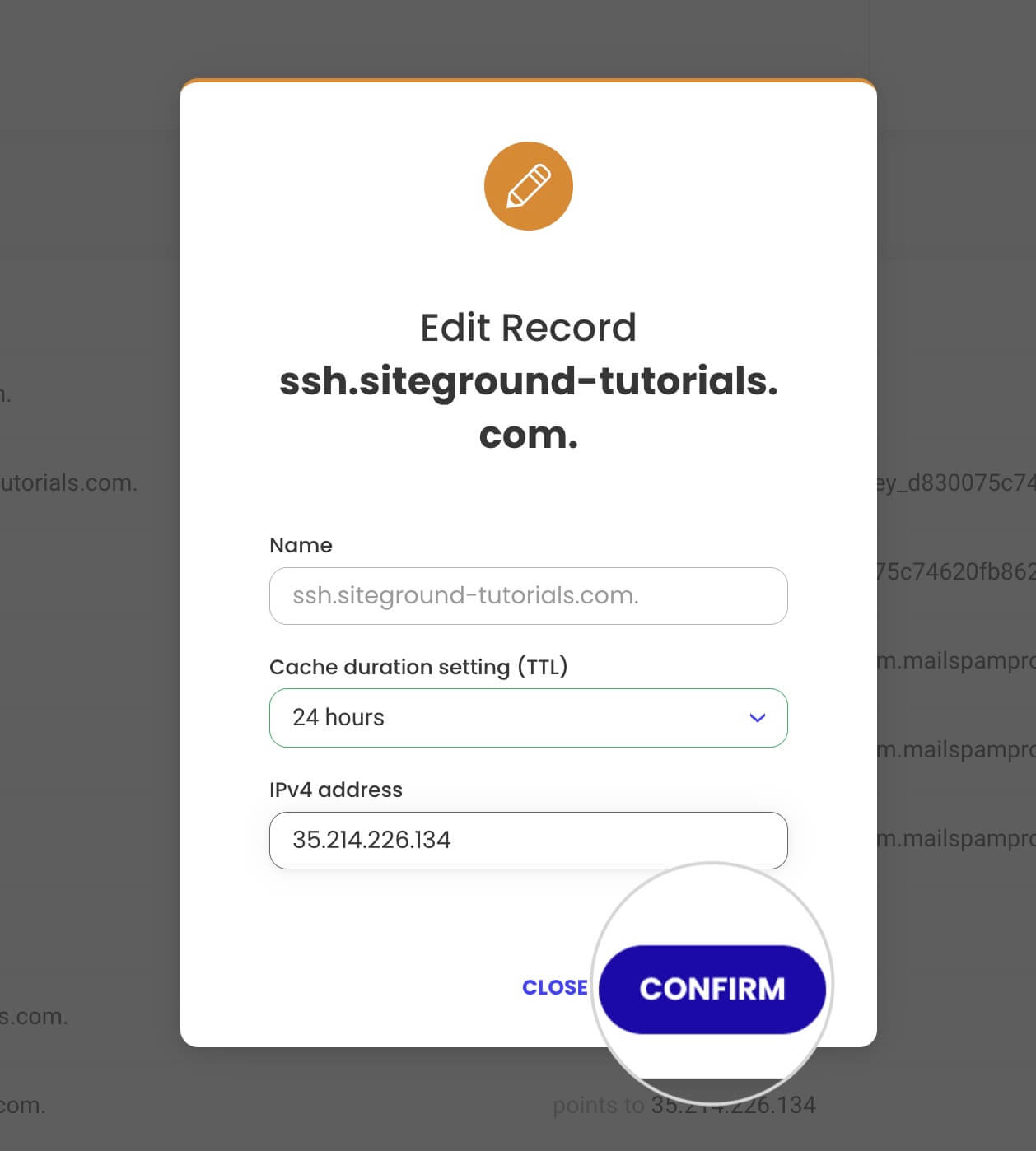 Confirming an edit of an existing DNS record in SiteGround's DNS Zone Editor