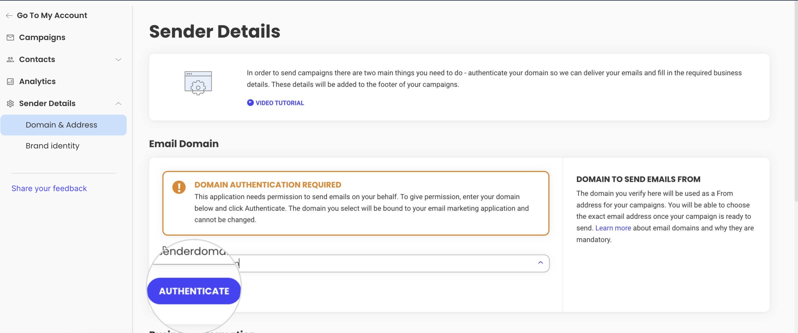 Confirming a sender domain in SiteGround Email Marketing by pressing the Authenticate button