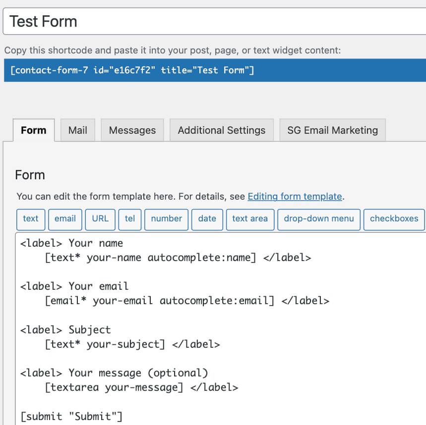 Default fields in the backend of Contact Form 7