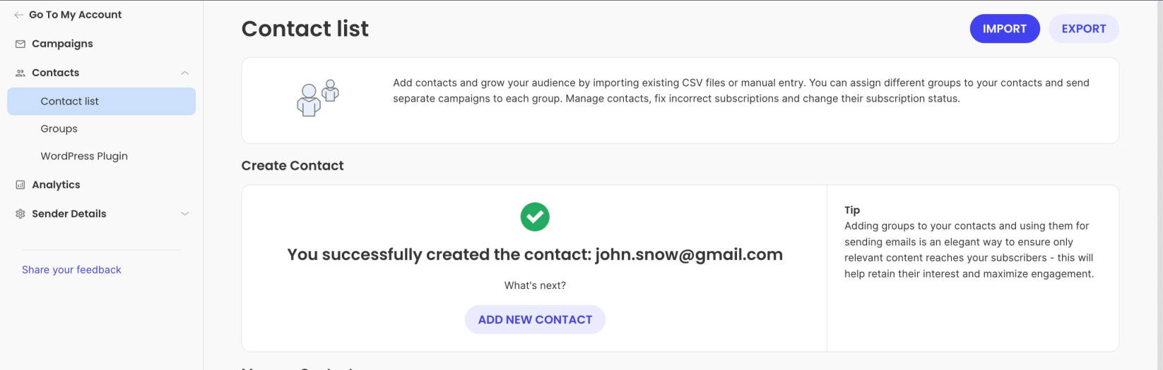 Successfully created contact in Email Marketing