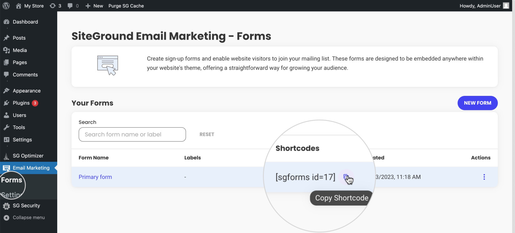 How to copy the shortcode of a sign-up form in the Email Marketing plugin