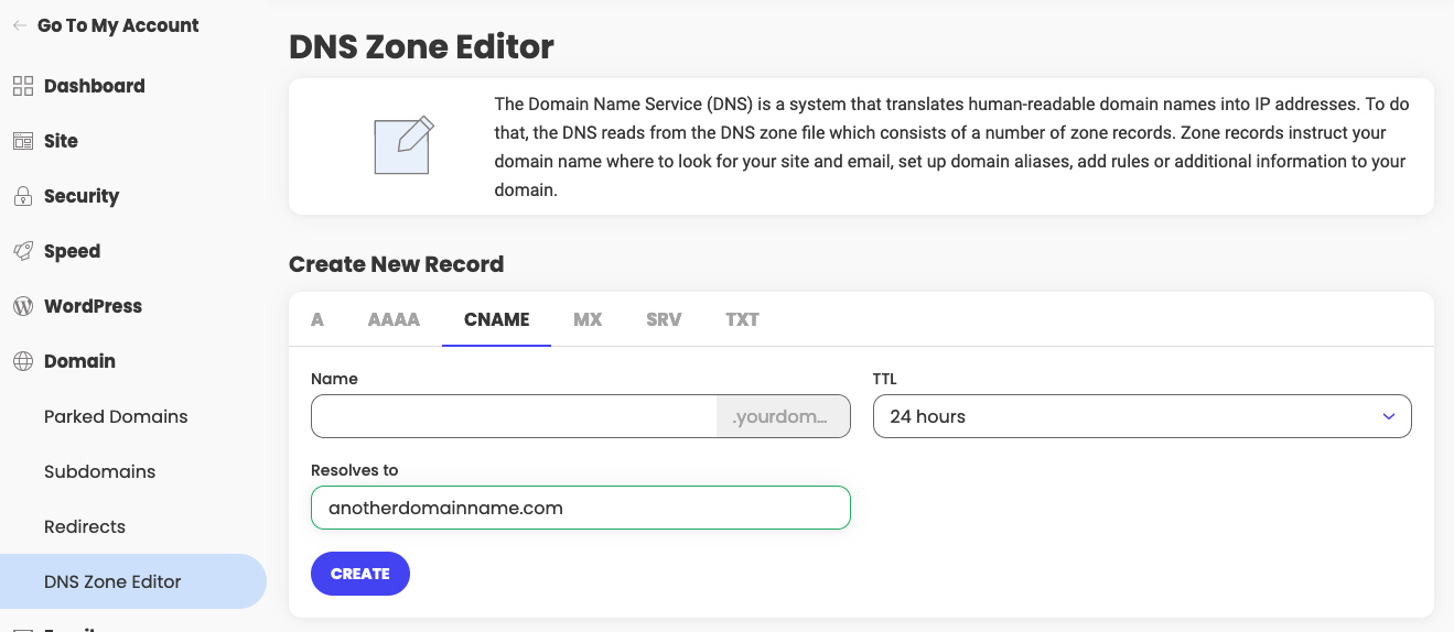 How to create a DNS CNAME record in Site Tools