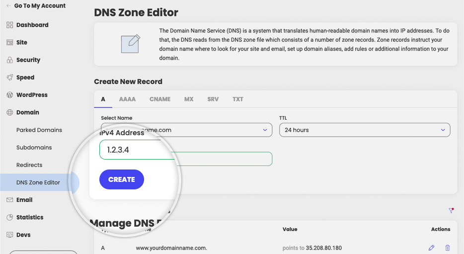 How to create a DNS A record in Site Tools