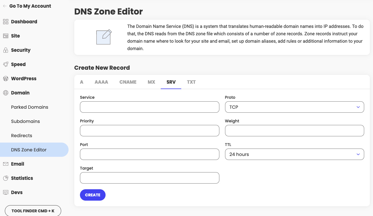 How to create DNS SRV records in Site Tools