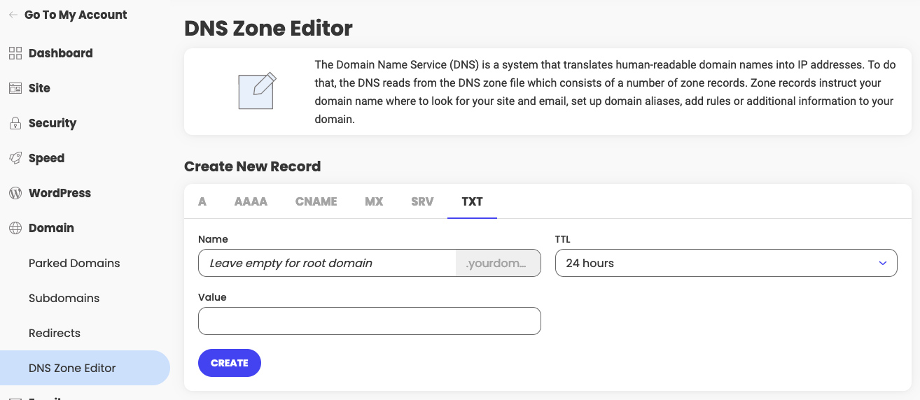 How to create DNS TXT records in Site Tools