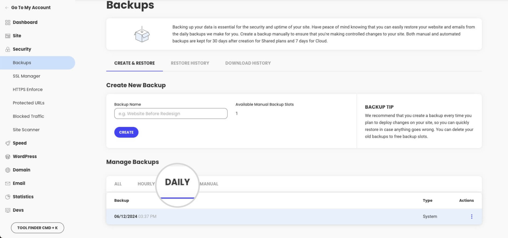 Daily backups section in Site Tools