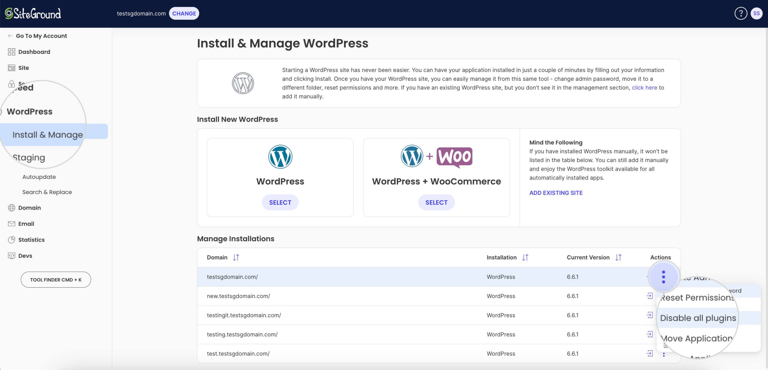 Screenshot showing how to deactivate all WordPress plugins in your SiteGround Site Tools