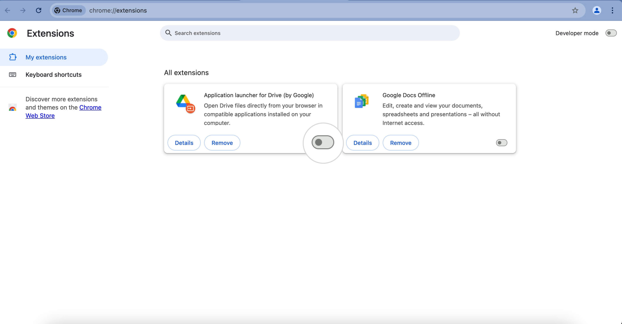 Screenshot showing how to deactivate Chrome's Extensions