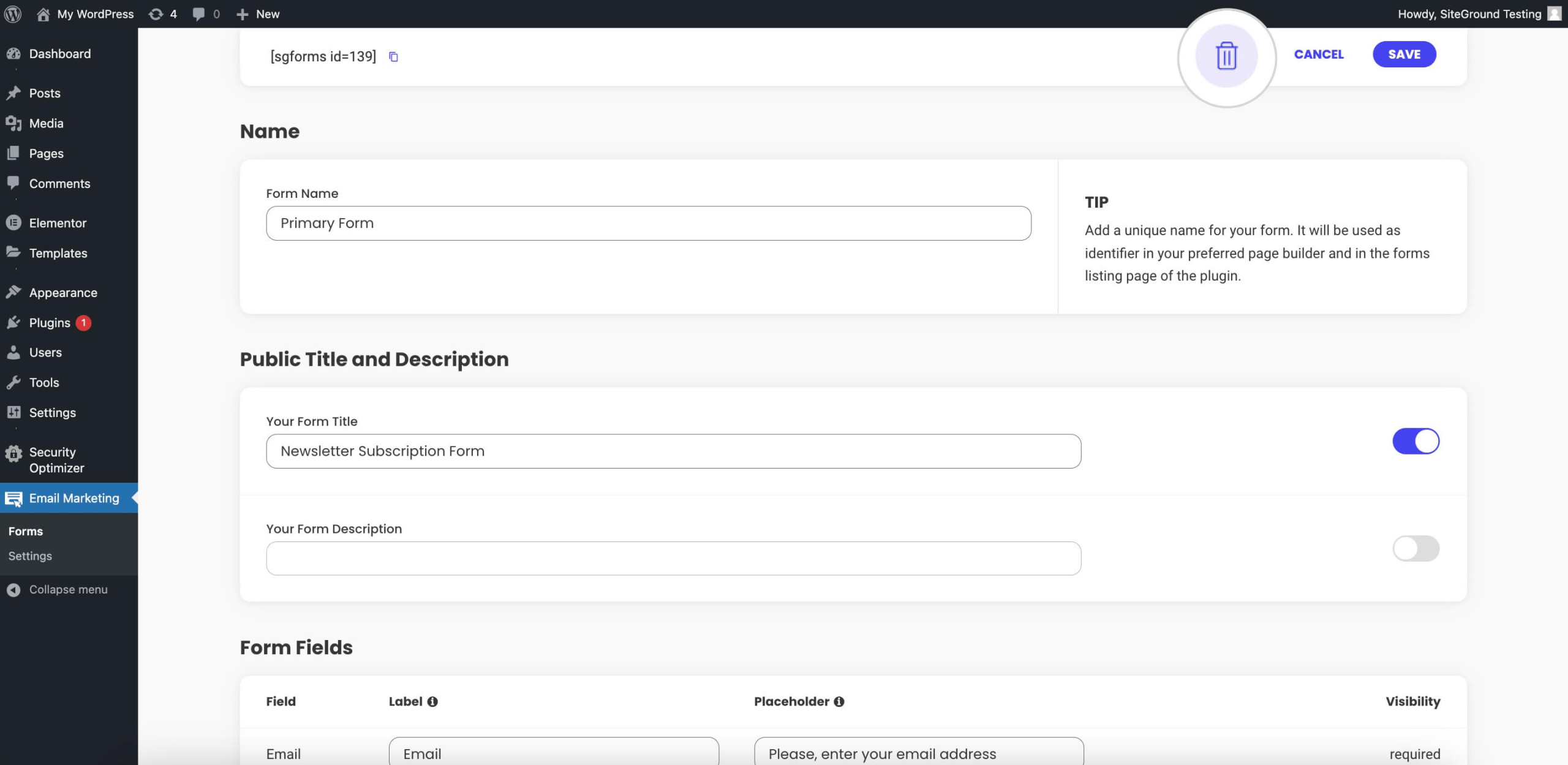 How to delete a form using the trashcan button inside the Form editor