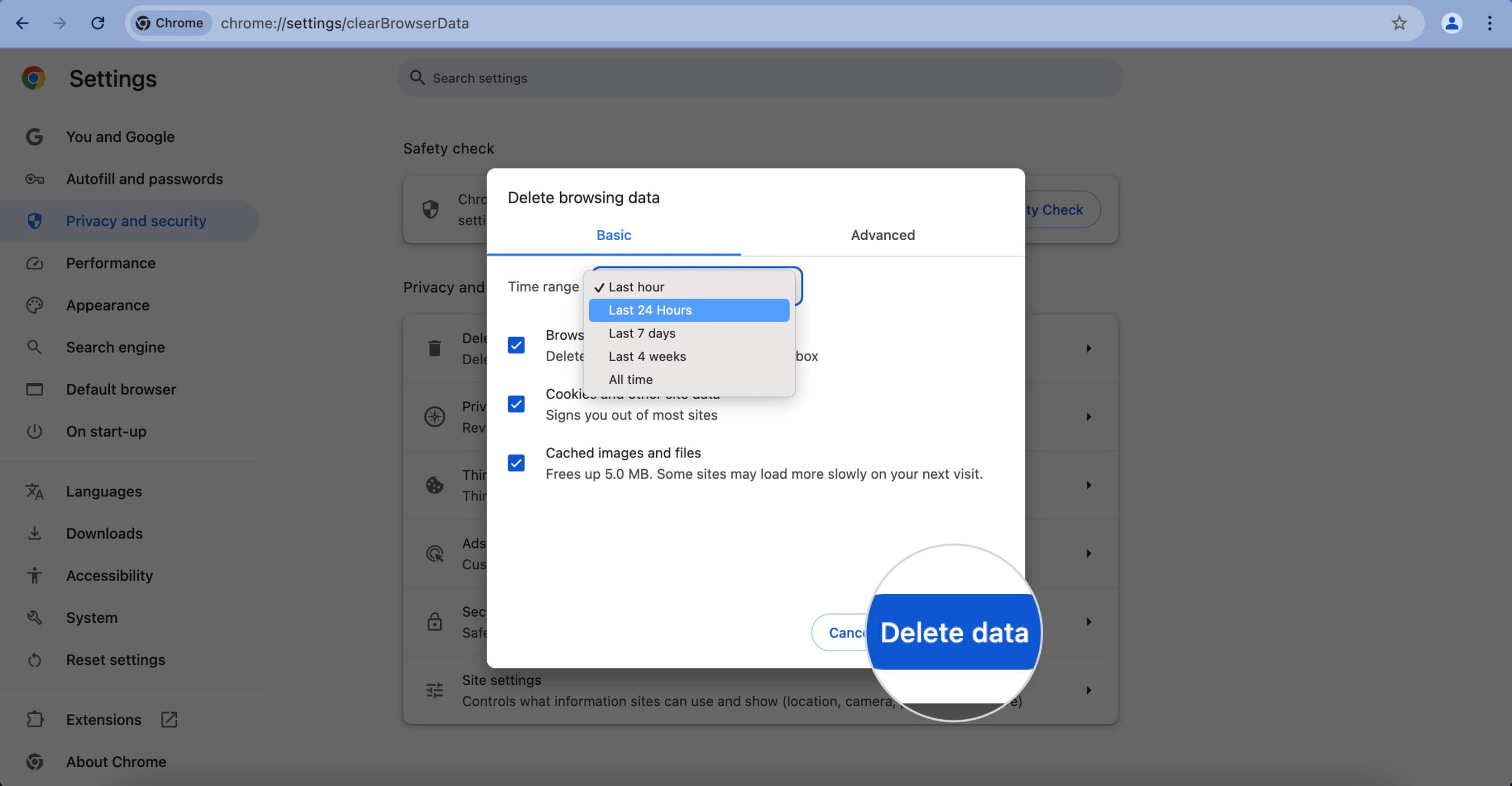 Screenshot showing how to delete Chrome's browsing data, cached images and cookies