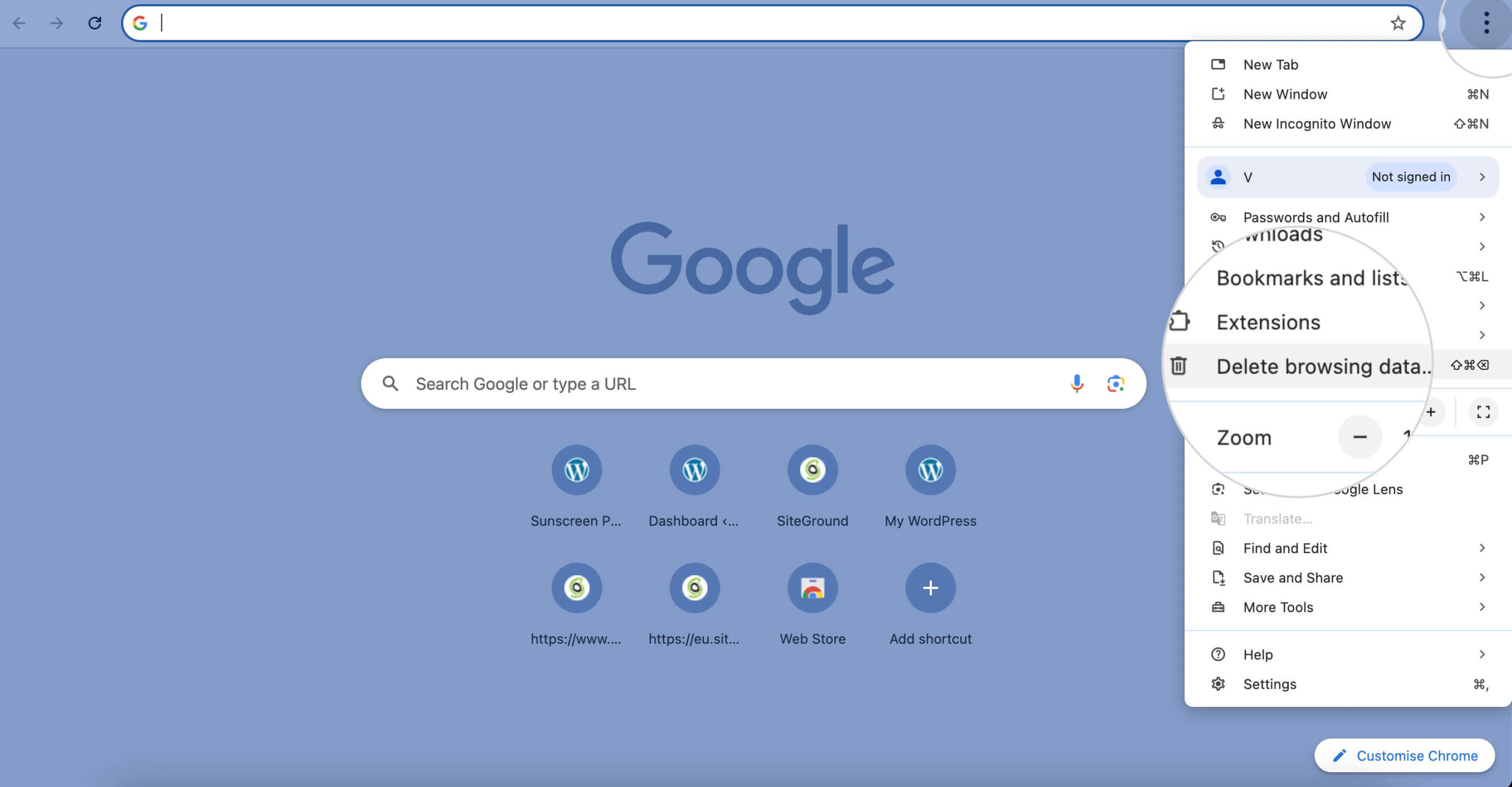 Screenshot showing how to access the Delete browsing history Chrome setting