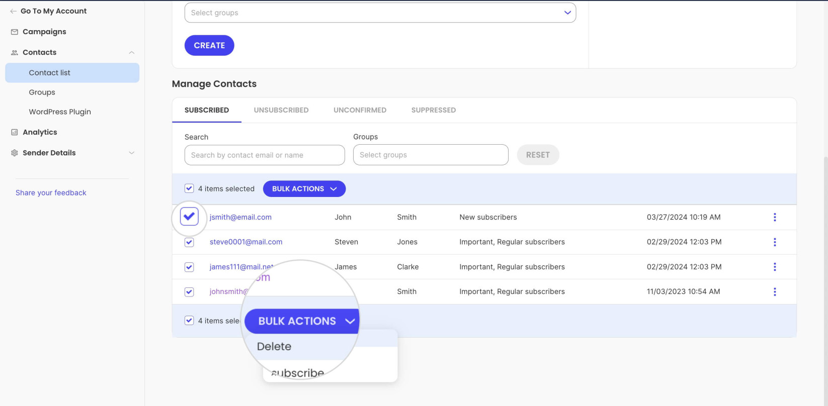 Screenshot of the bulk actions button in SiteGround Email Marketing Contacts section