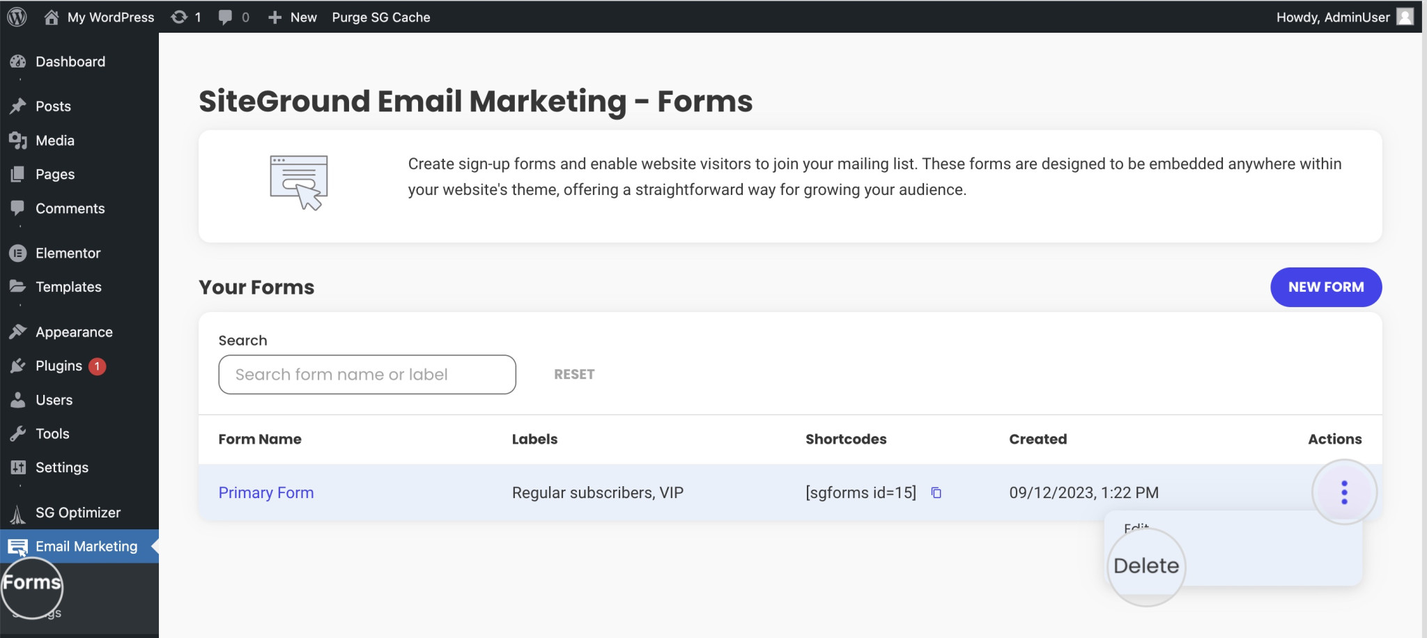 How to delete a form from the Email Marketing plugin