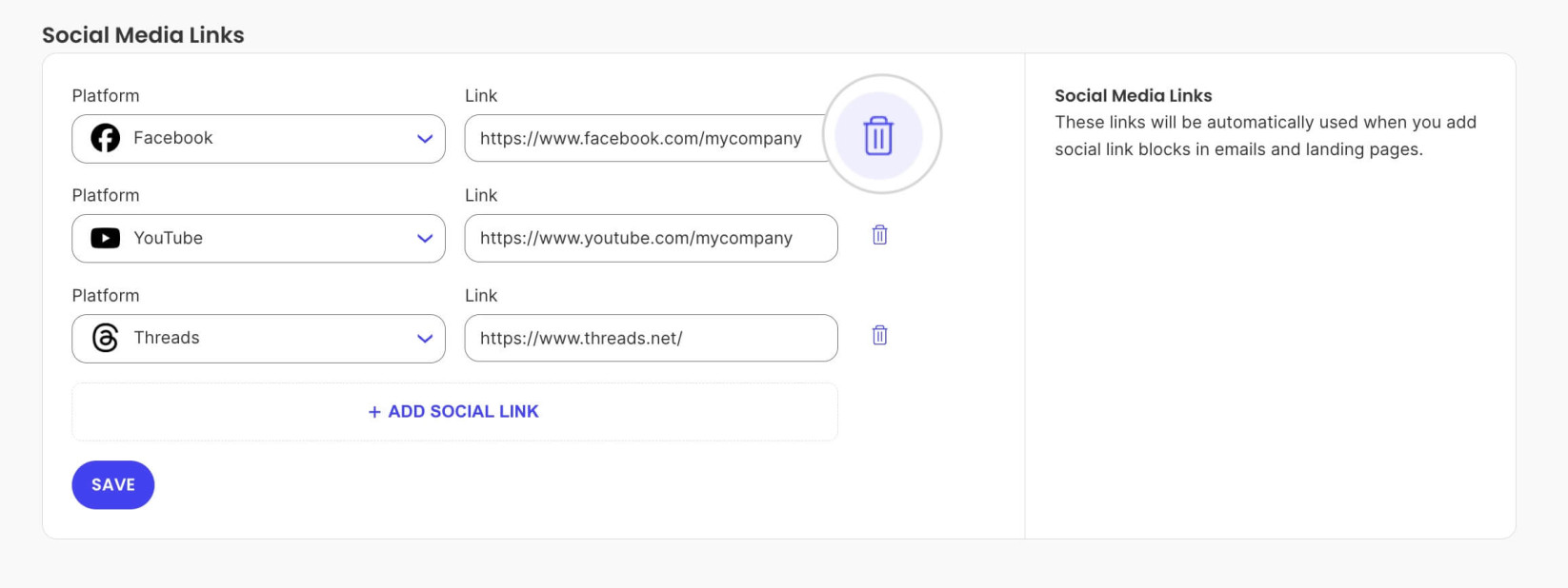 Deleting social media links from Brand Identity in Email Marketing