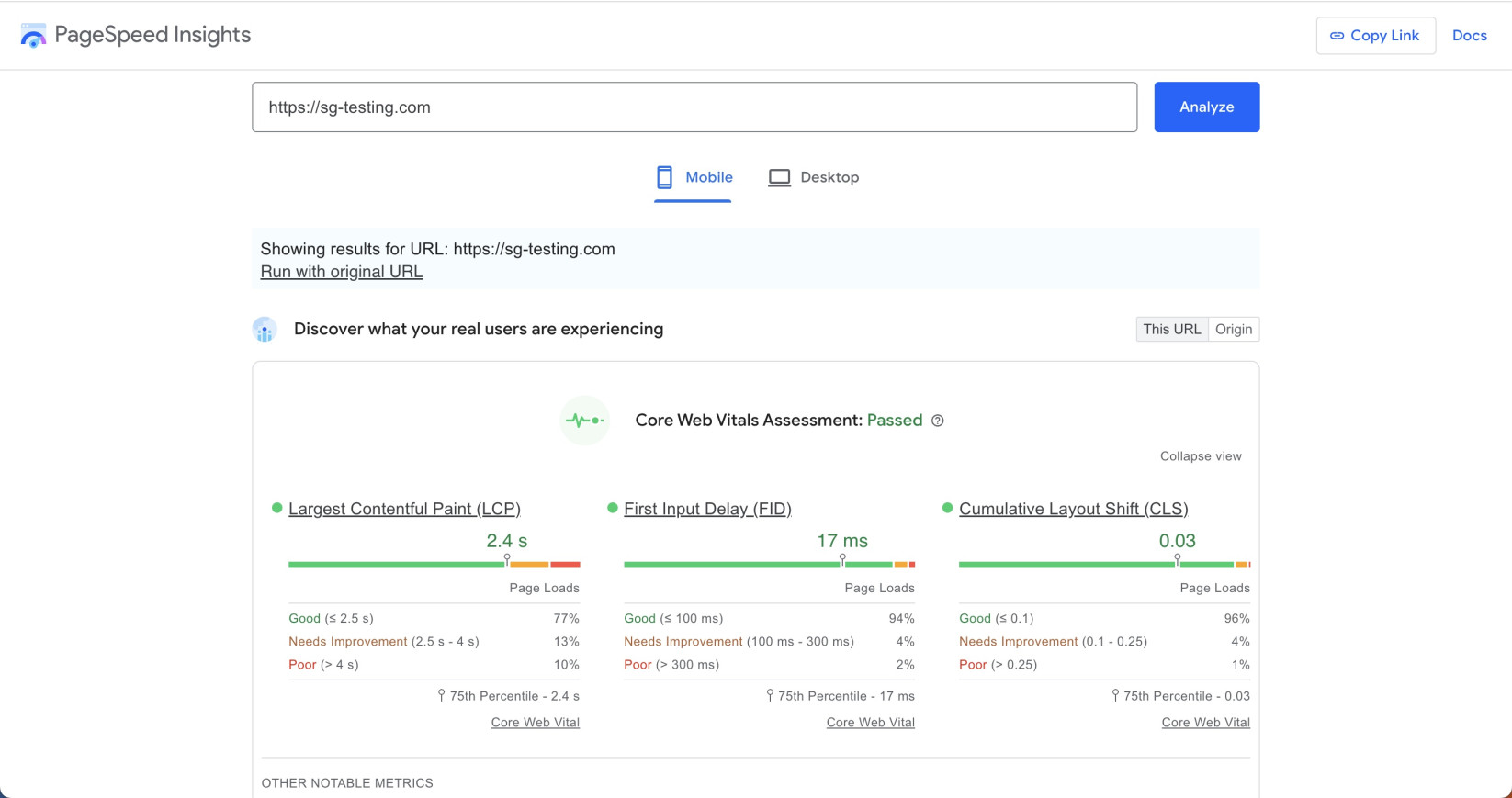 Expanded view of the Core Web Vitals in Google PageSpeed Insights