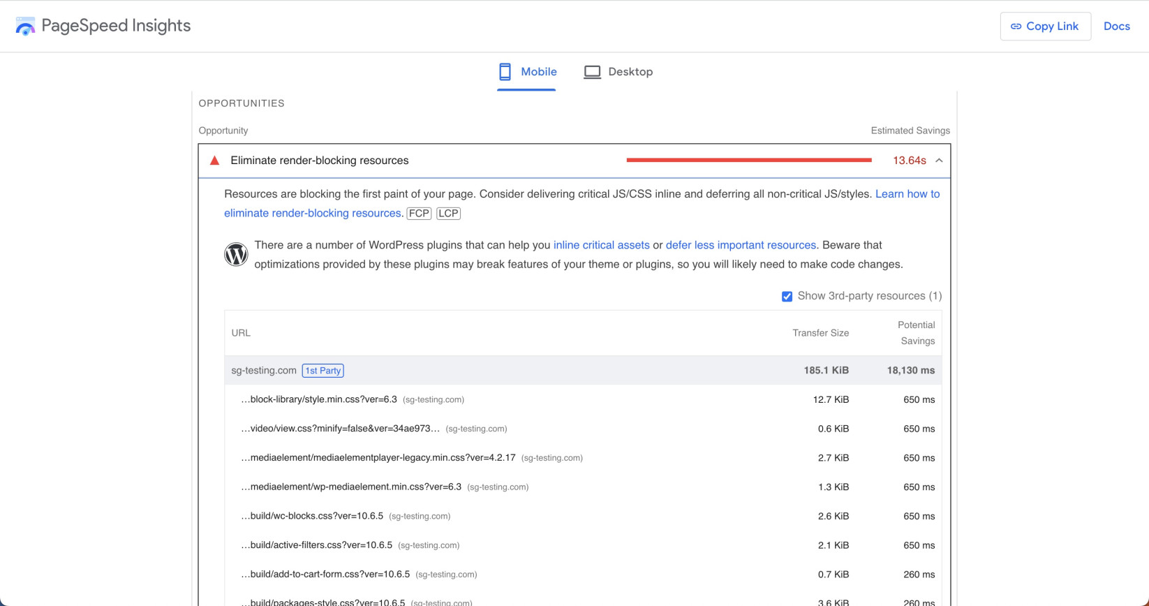 Detailed view of an issue from the Opportunities section in Google PageSpeed Insights