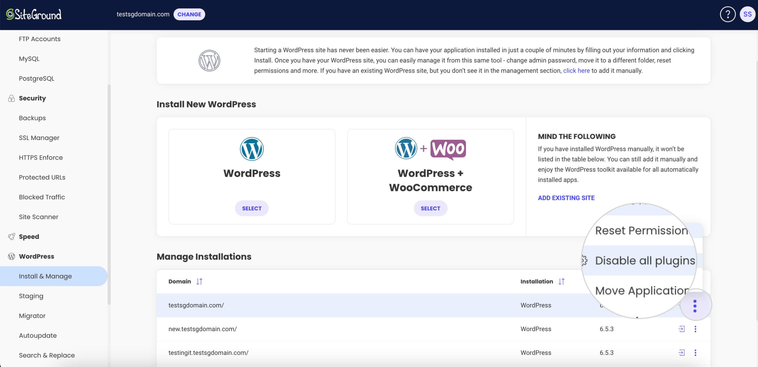 Screenshot displaying how to deactivate all WordPress plugins at once from SiteGround Site Tools