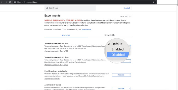 Screenshot of the Chrome flags page and disable flag option