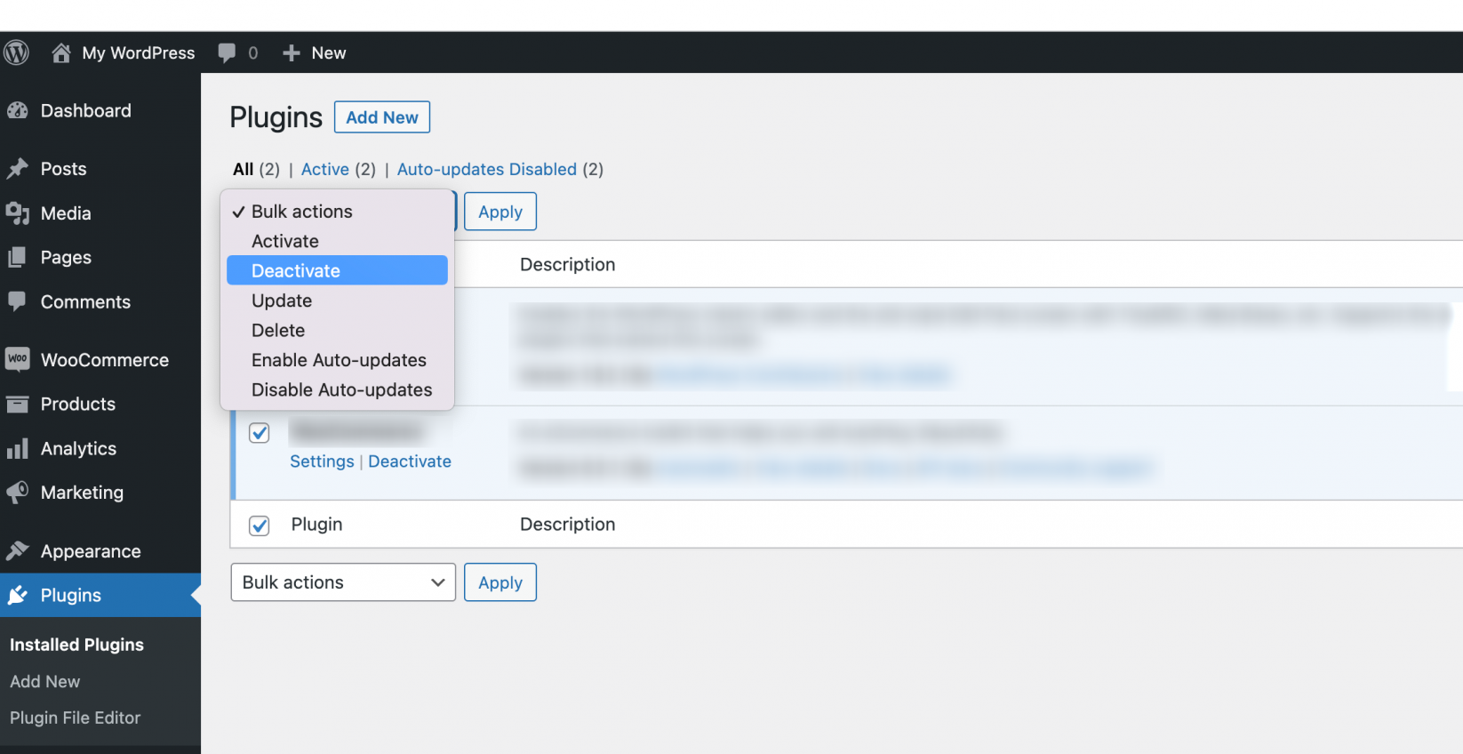 Disable the plugins from the WordPress dashboard - How to bulk deactivate