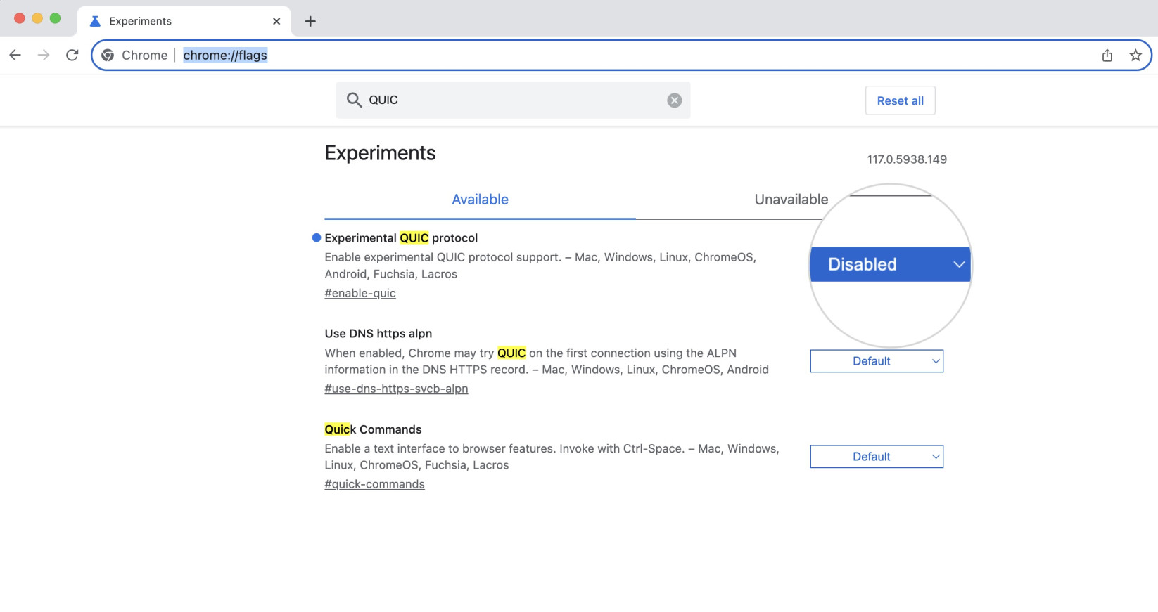 Disable the QUIC protocol on Chrome to fix ERR_SSL_VERSION_OR_CIPHER_MISMATCH