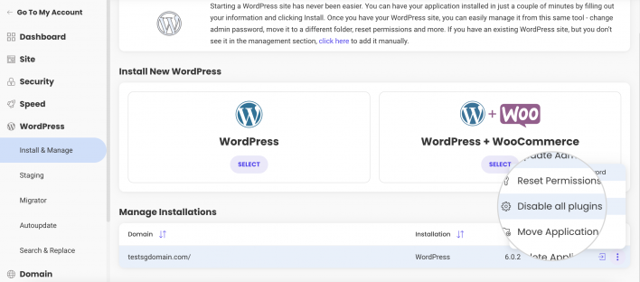 Screenshot showing how to disable WordPress plugins from Site Tools