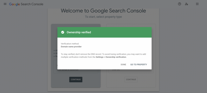 Domain ownership successfully verified (message pop-up) 