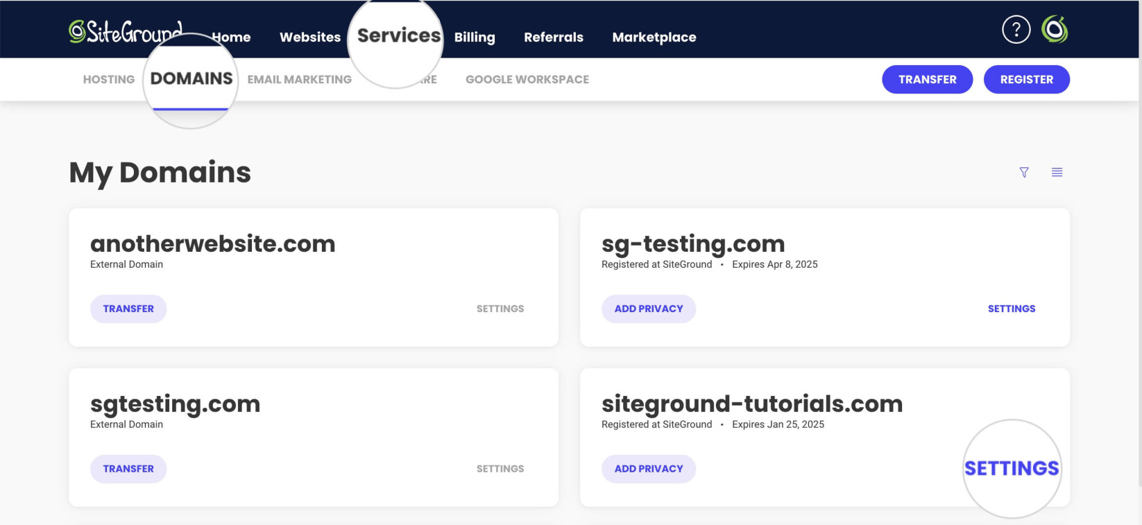 Domains section in SiteGround Client Area