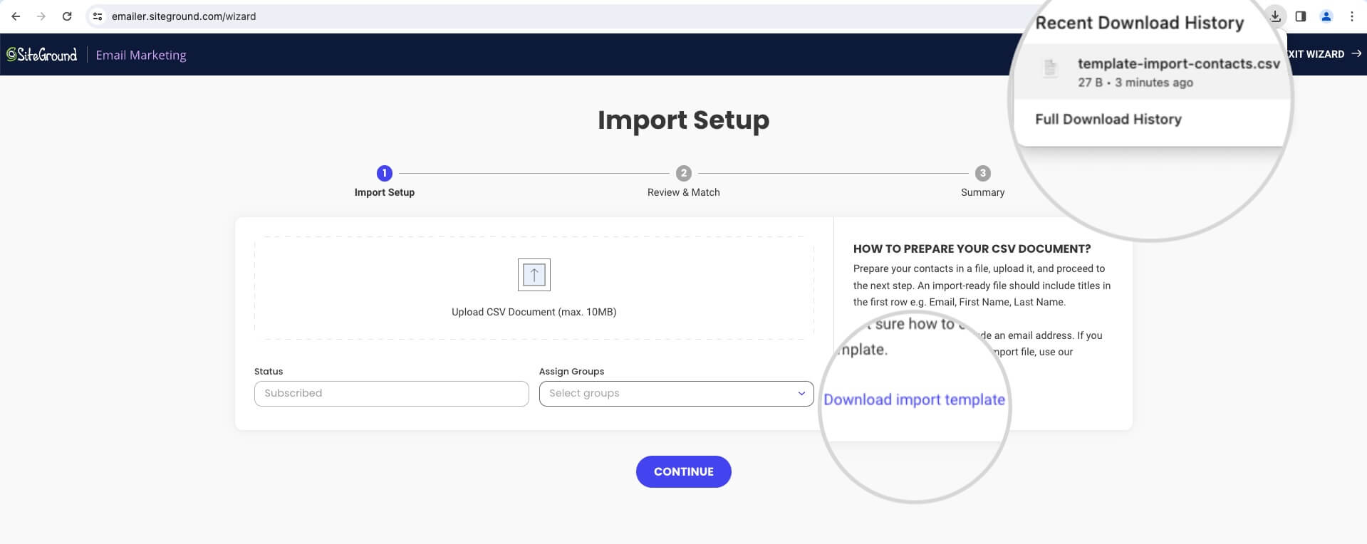 How to download a CSV file with a template for importing contacts