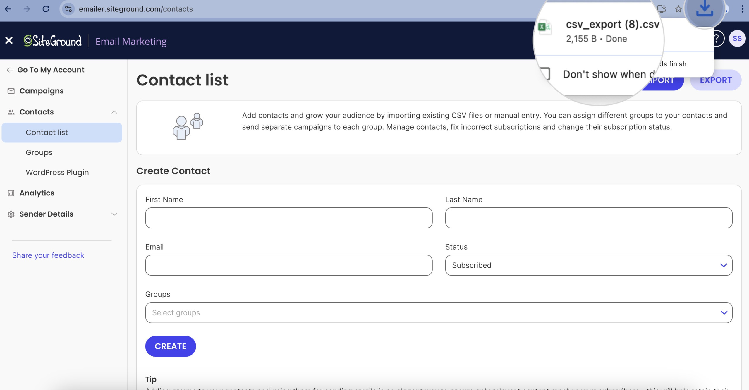 Screenshot showing where to find the downloaded CSV file with your Contacts list