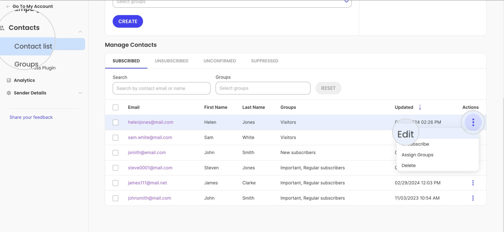 How to access the contact details from the Edit option