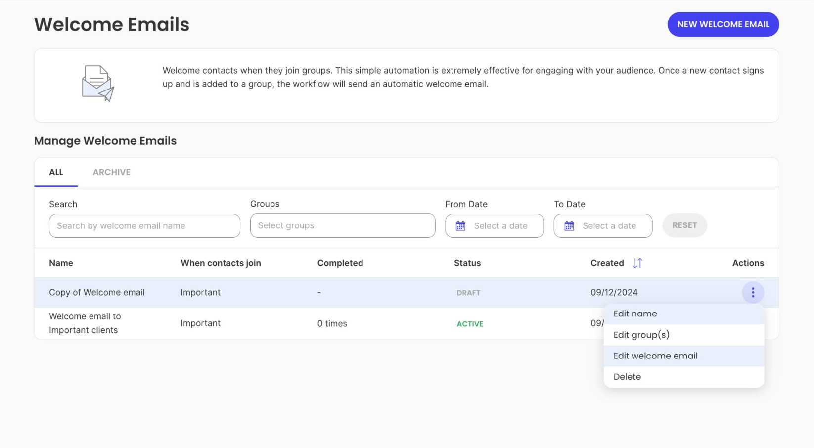 Editing a duplicate Welcome Email in Email Marketing