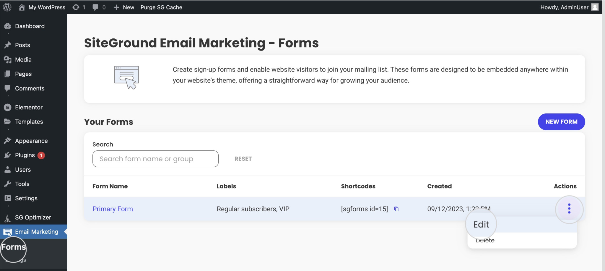 How to edit an existing form in the Email Marketing plugin