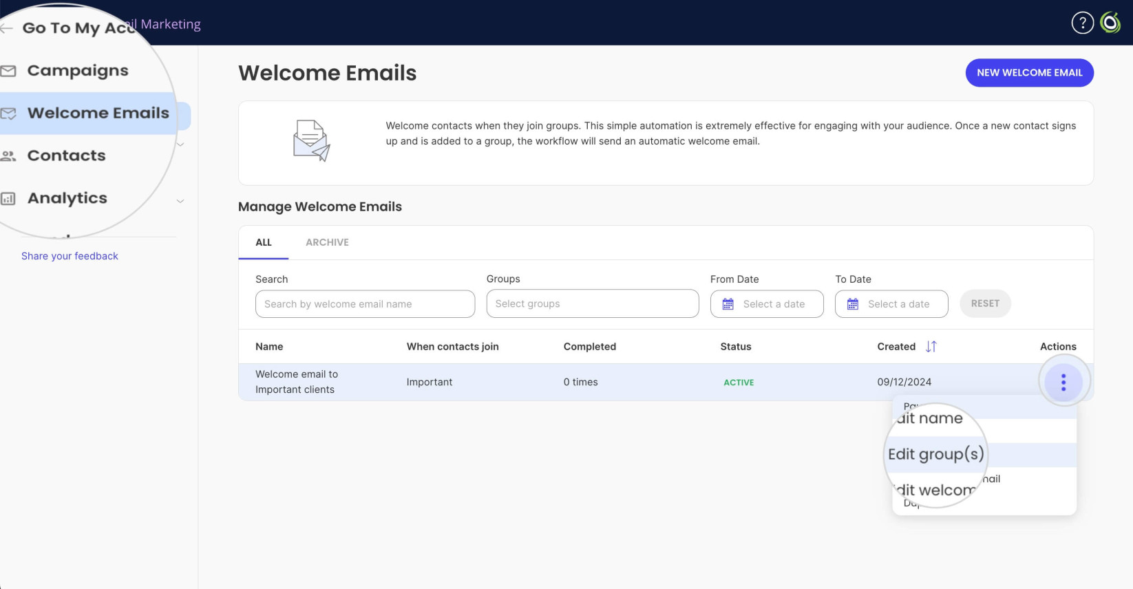 Editing groups for a Welcome Email in Email Marketing