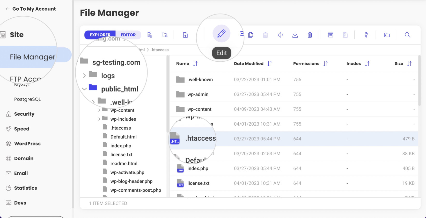 How to edit .htaccess with File Manager in Site Tools