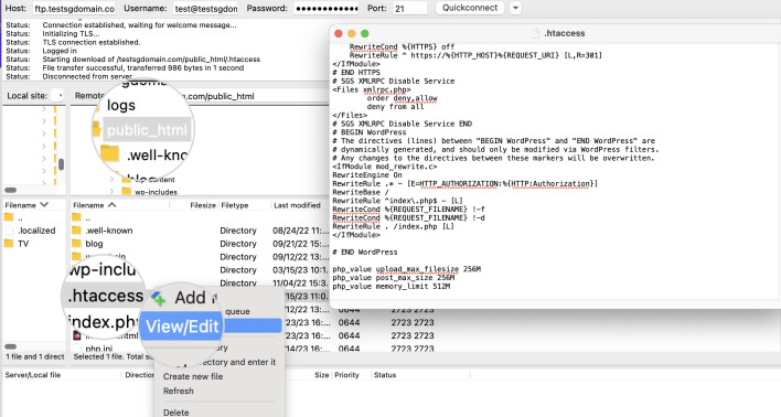 Screenshot of editing the .htaccess file via FTP to fix the upload_max_filesize value