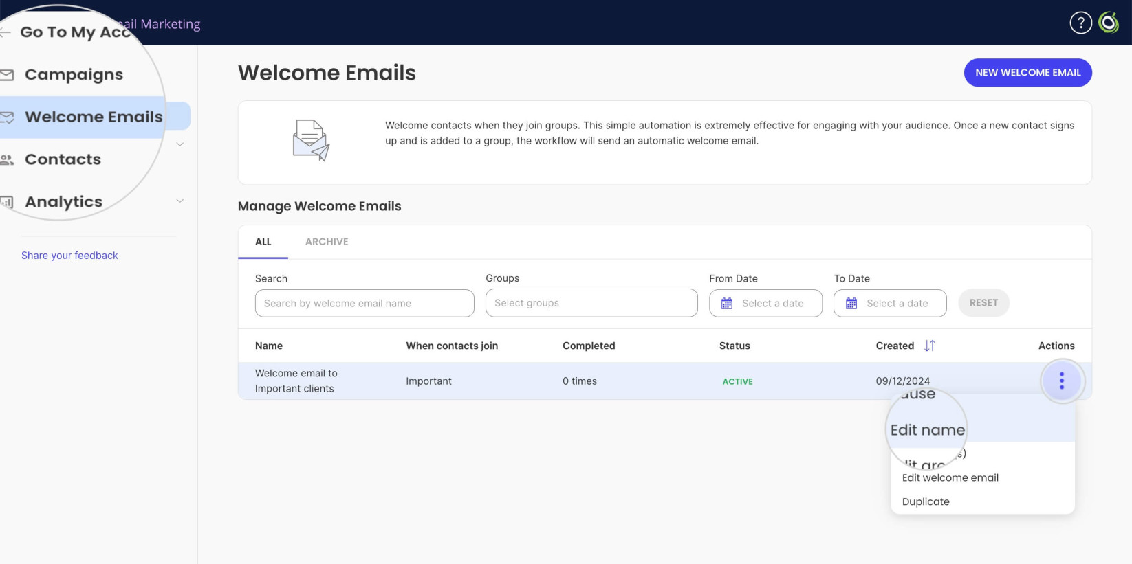 Renaming a Welcome Email in Email Marketing