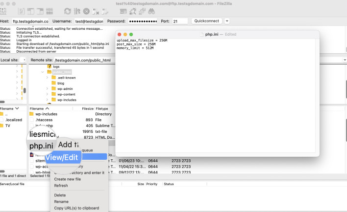 Screenshot of editing the php.ini via FTP access to resolve the uploaded file exceeds the max_upload_filesize directive in php.ini