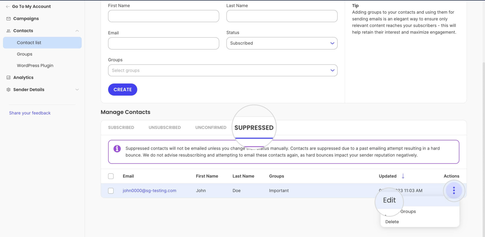 Edit a suppressed contact to change its status