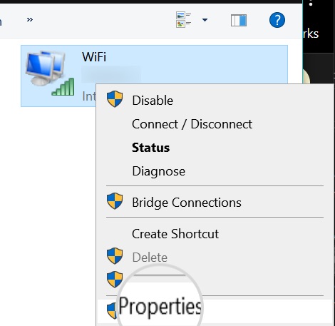 Screenshot of the Wi-Fi Properties option in Windows