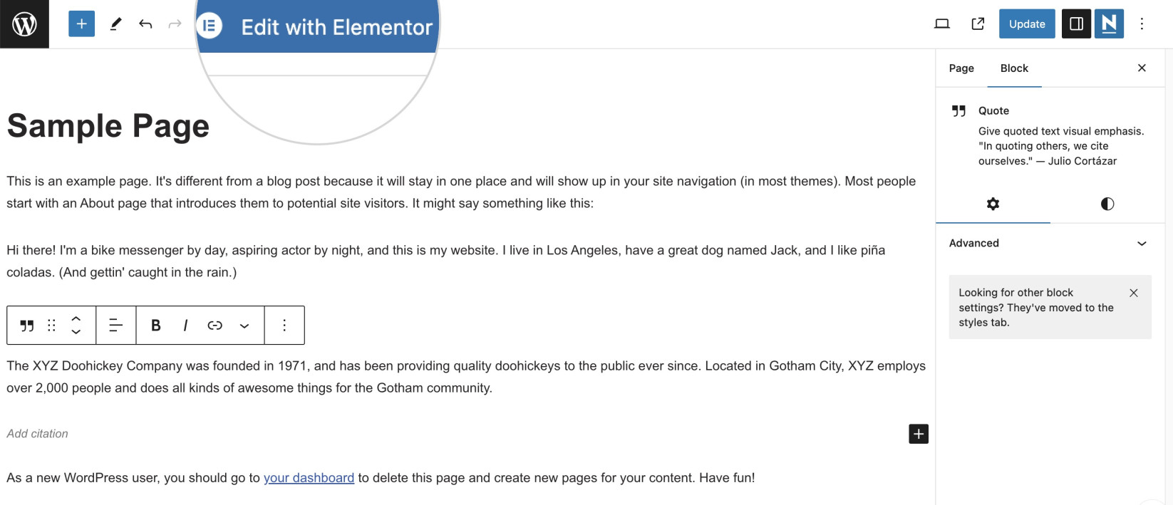 Screenshot displaying the "Edit with Elementor" button in WordPress