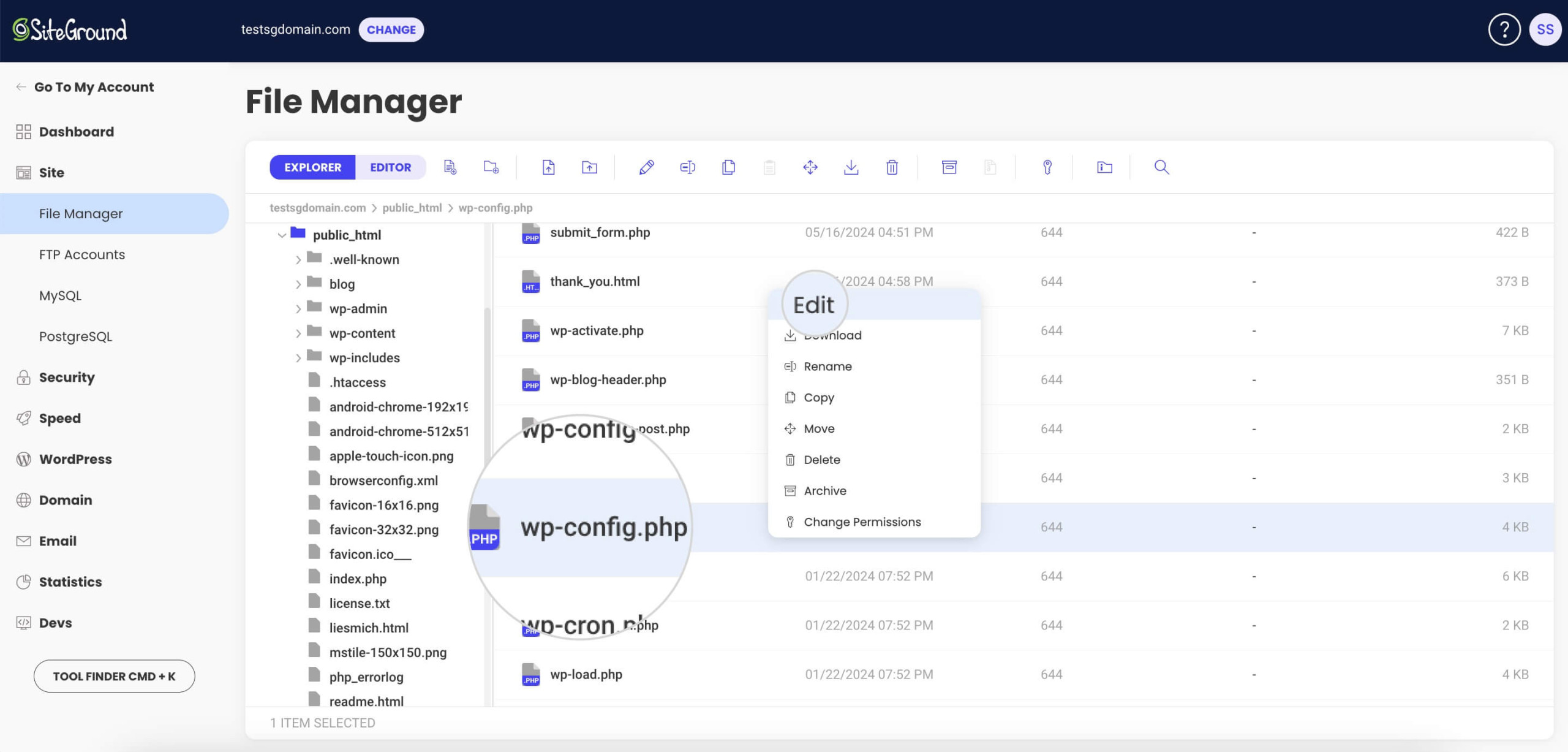 Screenshot showing how to edit the wp-config file in the File Manager to enable Debug mode in WordPress for a 303 status code troubleshooting