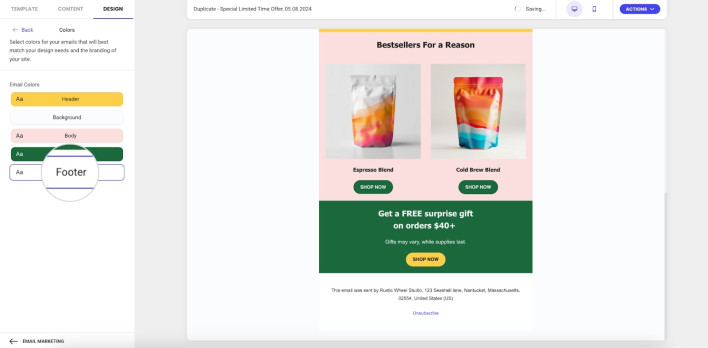 Screenshot showing how to start editing the email footer colors